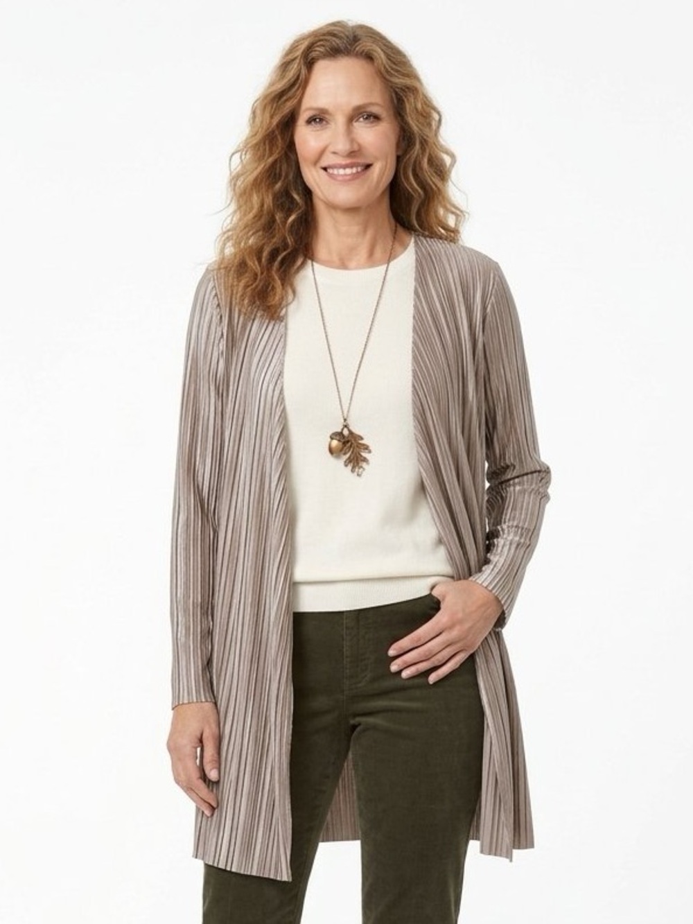 Chico's Size 3 Taupe Metallic Ribbed Open-Front Cardigan